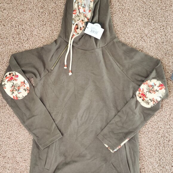 DoubleHood Sweatshirt - Olive w/Floral - Picture 1 of 2